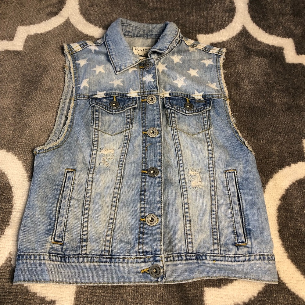Bullhead Vest Womens Medium Distressed Denim Star Pockets Rodeo Fair USA